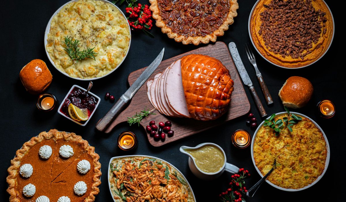 Thanksgiving assortment of food. Ham, pies, and more. Thanksgiving cannabis festivities.